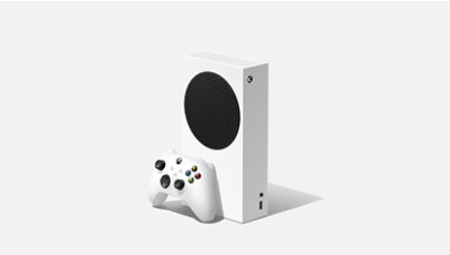 Xbox Series S console and controller in a left facing angle.