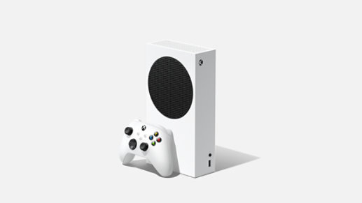Left front angle of the Xbox Series S console and controller.