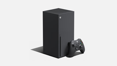 Right front angle of the Xbox Series X console and controller.