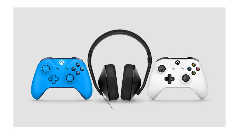 Two Xbox One controllers and an Xbox One Stereo headset.