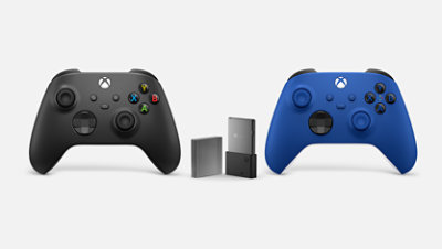 Two Xbox Wireless Controllers with a Seagate Game Drive.