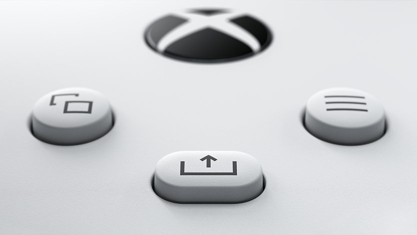 Upward view of Xbox Wireless Controller’s dedicated Share button.