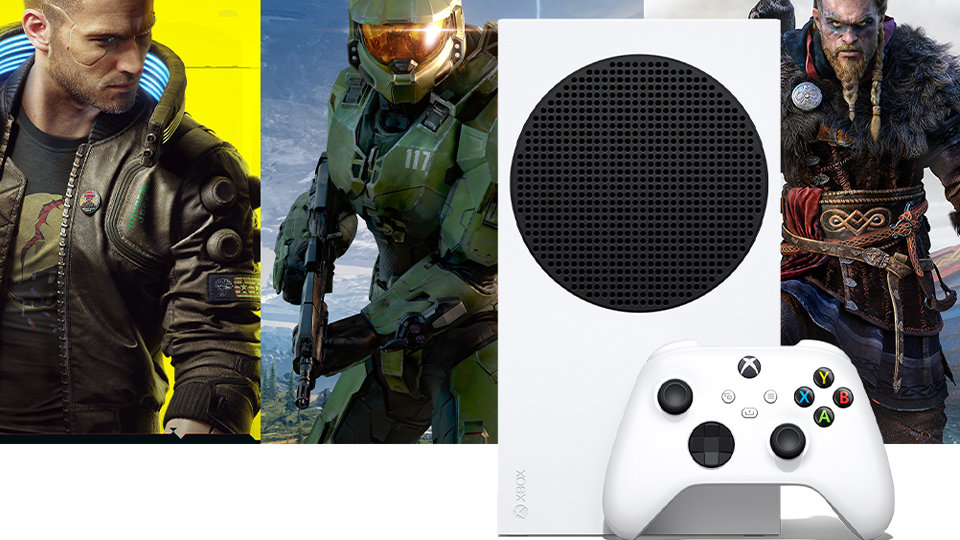 Consola Xbox Series S y controlador inalámbrico Xbox con imágenes de videojuegos.