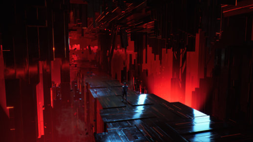 A game character enters a dark cavern.