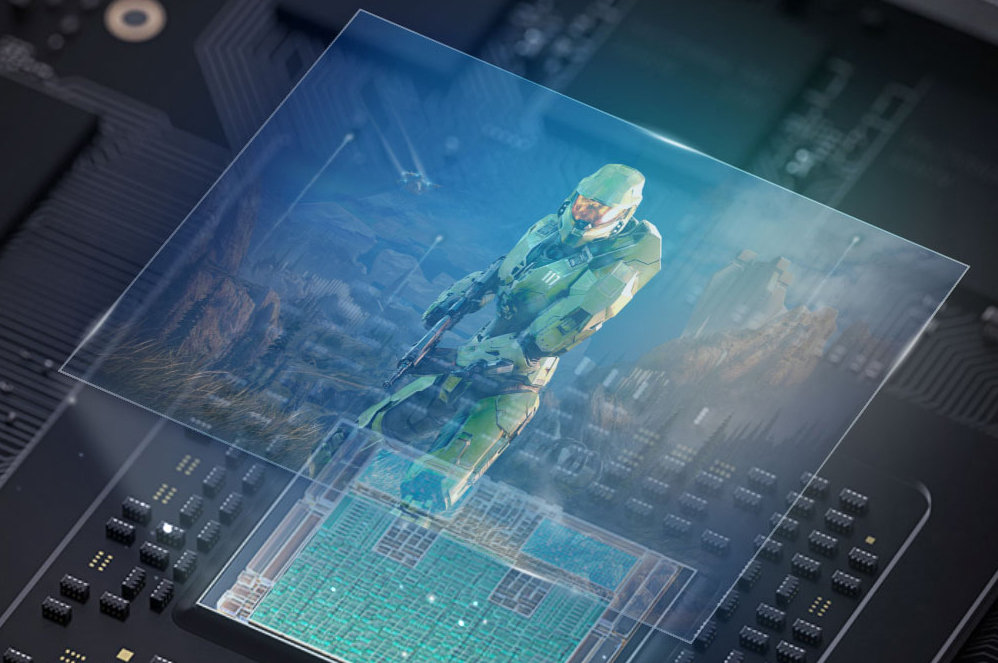 Imagen del juego Halo superpuesta a componentes internos de la Xbox Series X