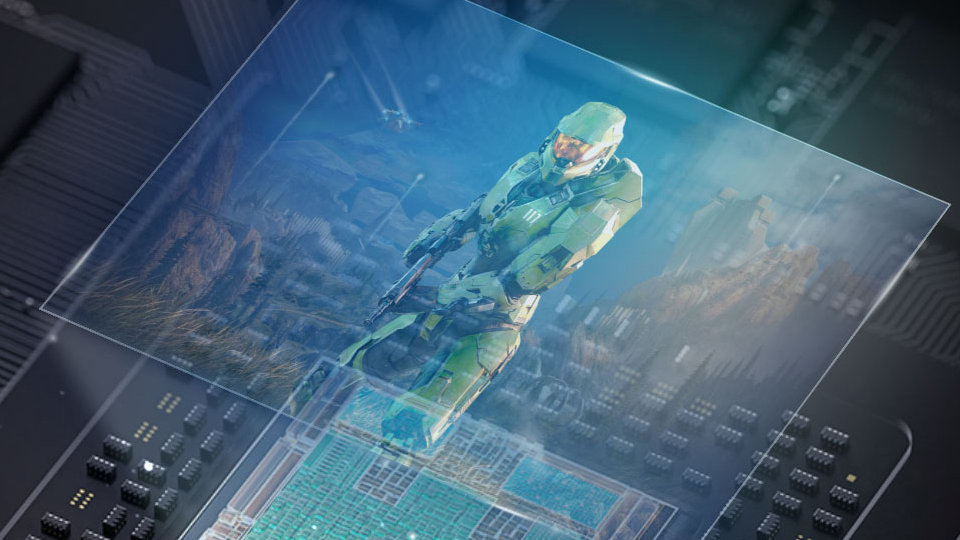 Obrázek ze hry Halo překrývající interní komponenty konzole Xbox Series X