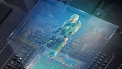 Illustration du jeu Halo superposée aux composants internes de la Xbox Series X