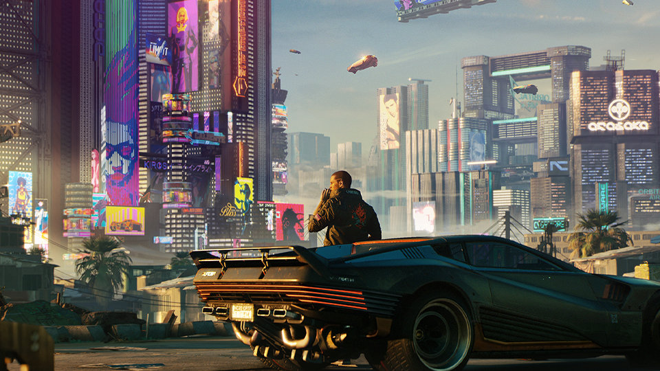 A game character stands by his race car and surveys a futuristic cityscape