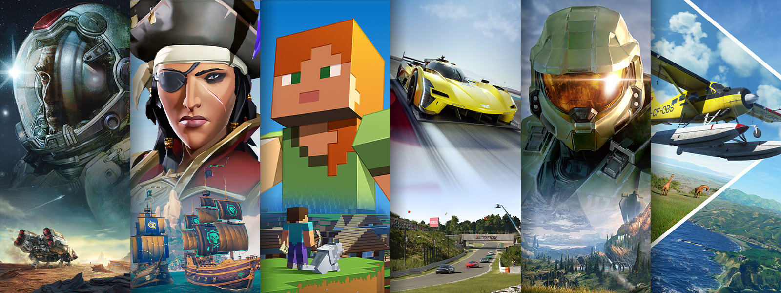 Fyra scener från fyra olika videospel tillgängliga med Xbox Game Pass