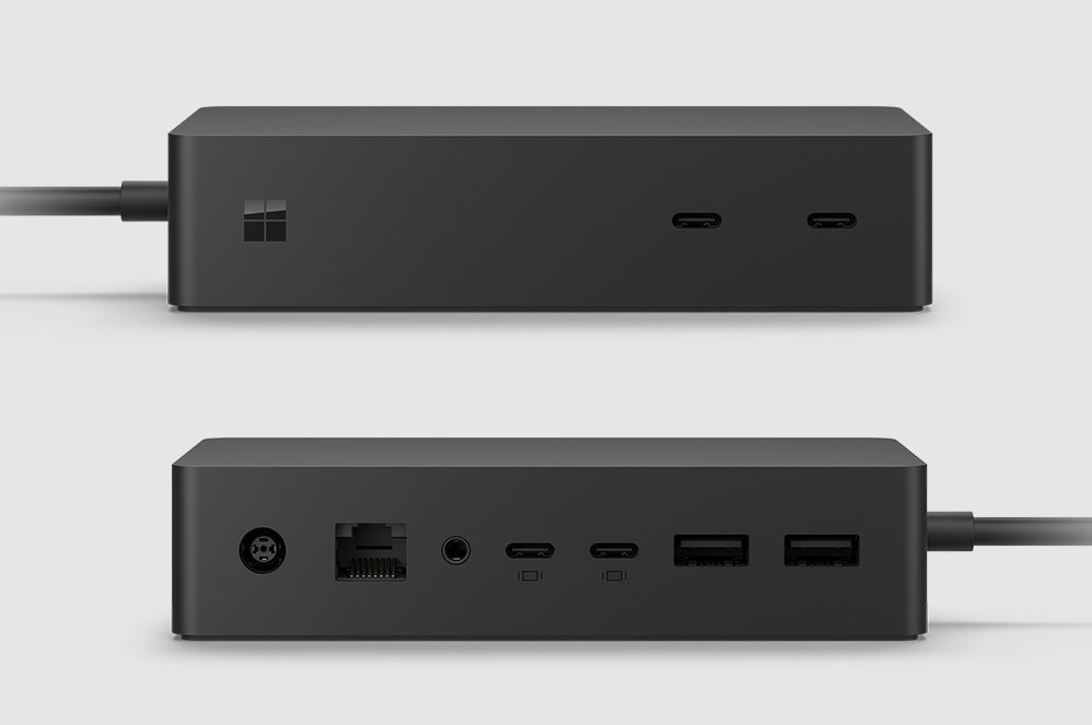 Front and back of Surface Dock 2, showing various ports.