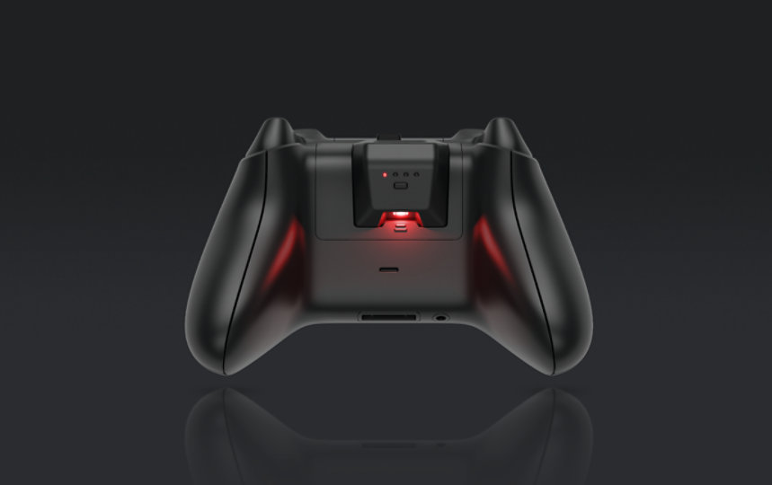 An Xbox controller showing the Otterbox Power Swap insertable Controller Battery.