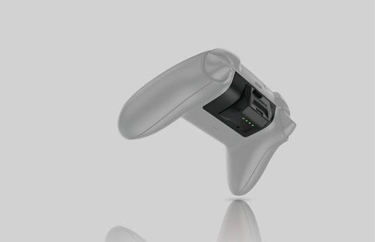 An Xbox controller in white showing the bottom side highlighting Otterbox battery.
