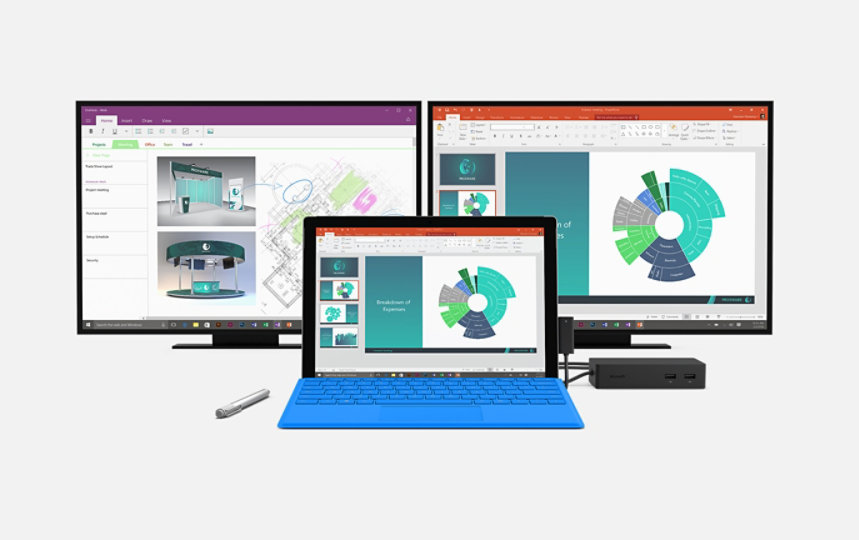 Surface Dock connected to a Surface device and dual monitors. 