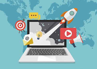 Illustration of a laptop with various digital marketing icons, including a rocket, target, email, set against a world map background.