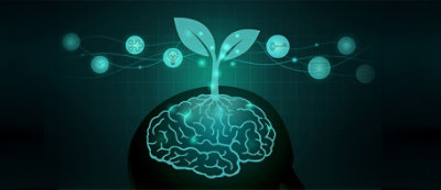 Ilustracija mozga koji svetli i iz kojeg klija zelena biljka, okruženog ikonama koje predstavljaju znanje