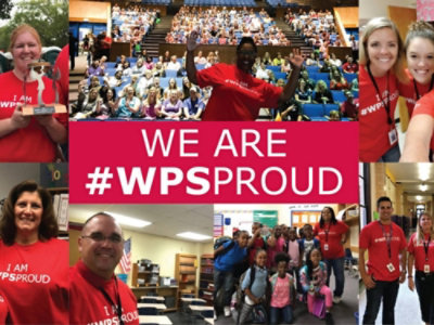 Collage of various groups of people wearing red "I AM WPSPROUD" shirts, with a central banner stating "WE ARE WPSPROUD".