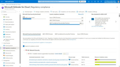 Un desglose del cumplimiento normativo con puntos de referencia y controles de Defender for Cloud.