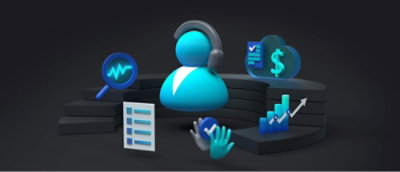 3D illustration of customer service and financial icons, including a figure with a headset, magnifying glass, dollar sign, bar chart, and hand cursor on a dark background.