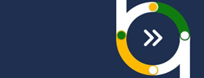 En oransje, hvit og grønn logo med pil