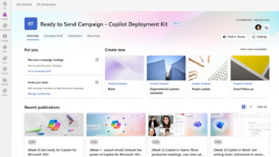 Interfejs zarządzania kampanią z różnymi opcjami do rozpoczynania i planowania kampanii oraz zarządzania nimi, wraz z szablonami.
