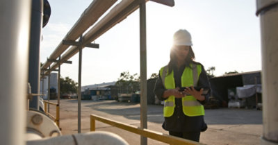 Radnik na radnoj lokaciji koji nosi zaštitni neonski prsluk i šlem gleda u tablet