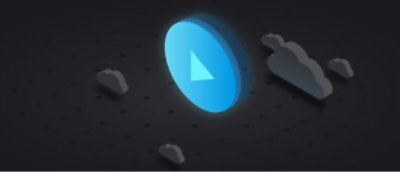 Stylized graphic of a glowing blue play button surrounded by abstract shapes on a dark background.