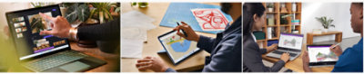 Tři fotky lidí, kteří pracují u stolů s notebooky a tablety.