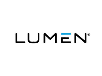 A close-up of a black and blue logo with the text LUMEN and a black letter M.