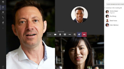 Screenshot of a meeting in Teams in which two people are participating using video and one person is participating using voice.