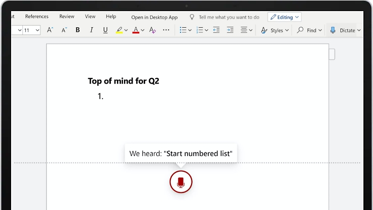 A Microsoft Word document using Dictate to allow the user to write.