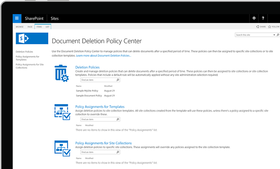 A tablet displaying the Document Deletion Policy Center in SharePoint