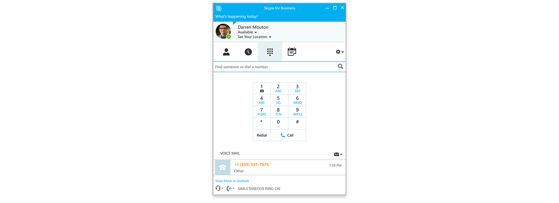 The dial screen in Skype for Business