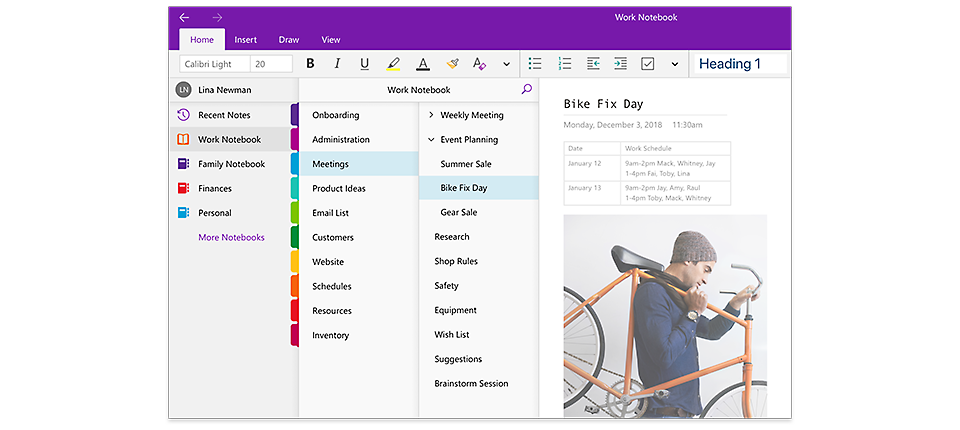 An image of the OneNote navigation panes, showing a list of notebooks and the list of sections and pages within a notebook titled Work Notebook