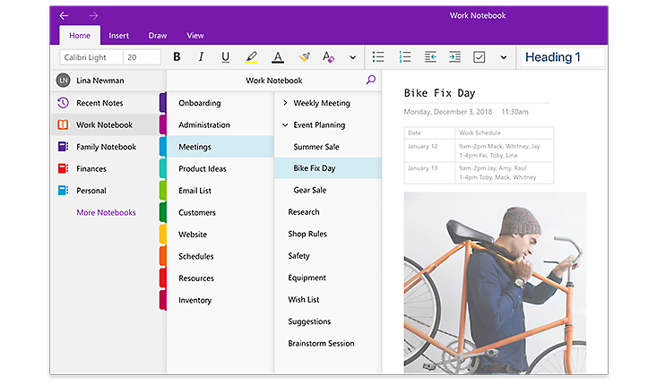An image of the OneNote navigation panes, showing a list of notebooks and the list of sections and pages within a notebook titled Work Notebook