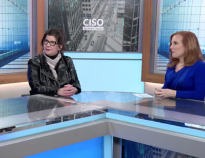 Theresa Payton, Ann Johnson, and Valecia Maclin seated at a counter in a professional studio setting with CISO Spotlight Series and CISO city image in background.