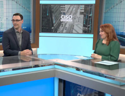 Theresa Payton, Diana Kelley and Greg Petersen seated at a counter in a professional studio setting with CISO Spotlight Series and CISO city image in background.