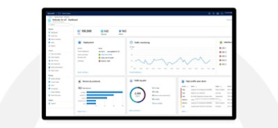 Tableau de bord dans Defender pour IoT montrant le déploiement, la surveillance du trafic, les appareils selon les protocoles, etc.