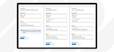Smernice registracije pomoću višestruke potvrde identiteta, smernice za saniranje rizika korisnika i smernice za saniranje rizika prijavljivanja koje prikazuju zadatke, kontrole i nametanje.