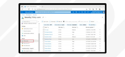 Izveštaj o rizičnim korisnicima u usluzi Azure koji prikazuje korisnike, stanje rizika, nivo rizika i poslednje ažuriranje rizika.