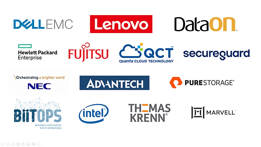 Logotipi partnerjev, kot so Dell EMC, Lenovo, DataOn, Hewlett Packard Enterprise in še več.