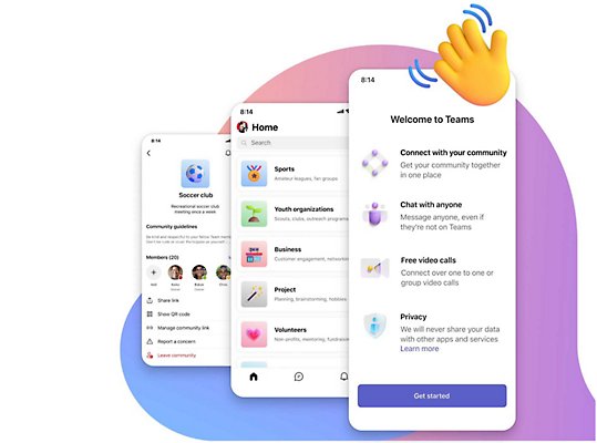 Drei Displays mit dem Teams-Willkommensbildschirm und einer Fußballclub-Community, die gerade erstellt wird