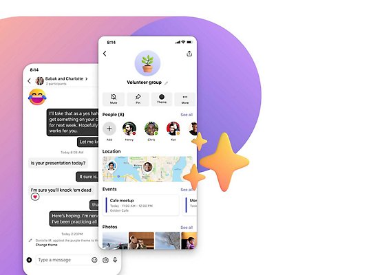 Ein Mobilgerätdisplay mit einer Freiwilligengruppe in Teams und ein anderes Mobilgerätdisplay mit einem Chat zwischen zwei Personen in Teams