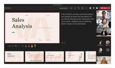 Prezentace vedená v Teams z pohledu přednášejícího, kde lze použít nástroje pro poznámky, například laserové ukazovátko nebo zvýrazňovač