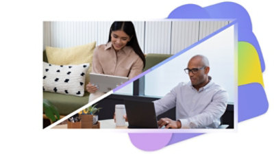 Ein geteilter Bildschirm mit zwei Personen, die an einem Tablet und einem Laptop arbeiten.