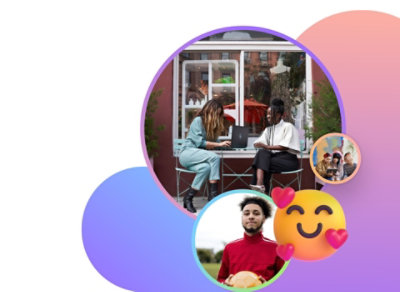 Zwei Bilder von Menschen, die zusammenarbeiten, einmal im Außenbereich eines Cafés und ein anderes Mal in einem Klassenzimmer, sowie ein Bild von einer Person, die einen Fußball hält