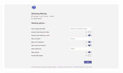 Stránka Možnosti pro schůzky s řádky nastavení, kde může uživatel vybírat z rozevírací nabídky nebo přepínat mezi zapnutím/vypnutím.
