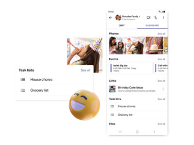 לוח מחוונים ב- Teams מציג אירועים קרובים, קישורים ורשימות של משימות משותפות.