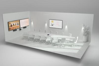 Ein großer Konferenzraum mit 15 Plätzen und drei Bildschirmen, auf denen ein Teams-Anruf im Zusammen-Modus, eine Präsentation und Notizen gezeigt werden.