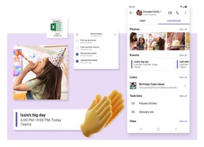 Una hoja de cálculo, una lista de tareas y un panel que muestran las múltiples formas de organizarse en Teams.