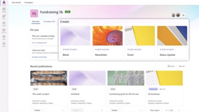 F5 Fundraising dashboard with options for creating newsletters, status updates, and viewing recent publications